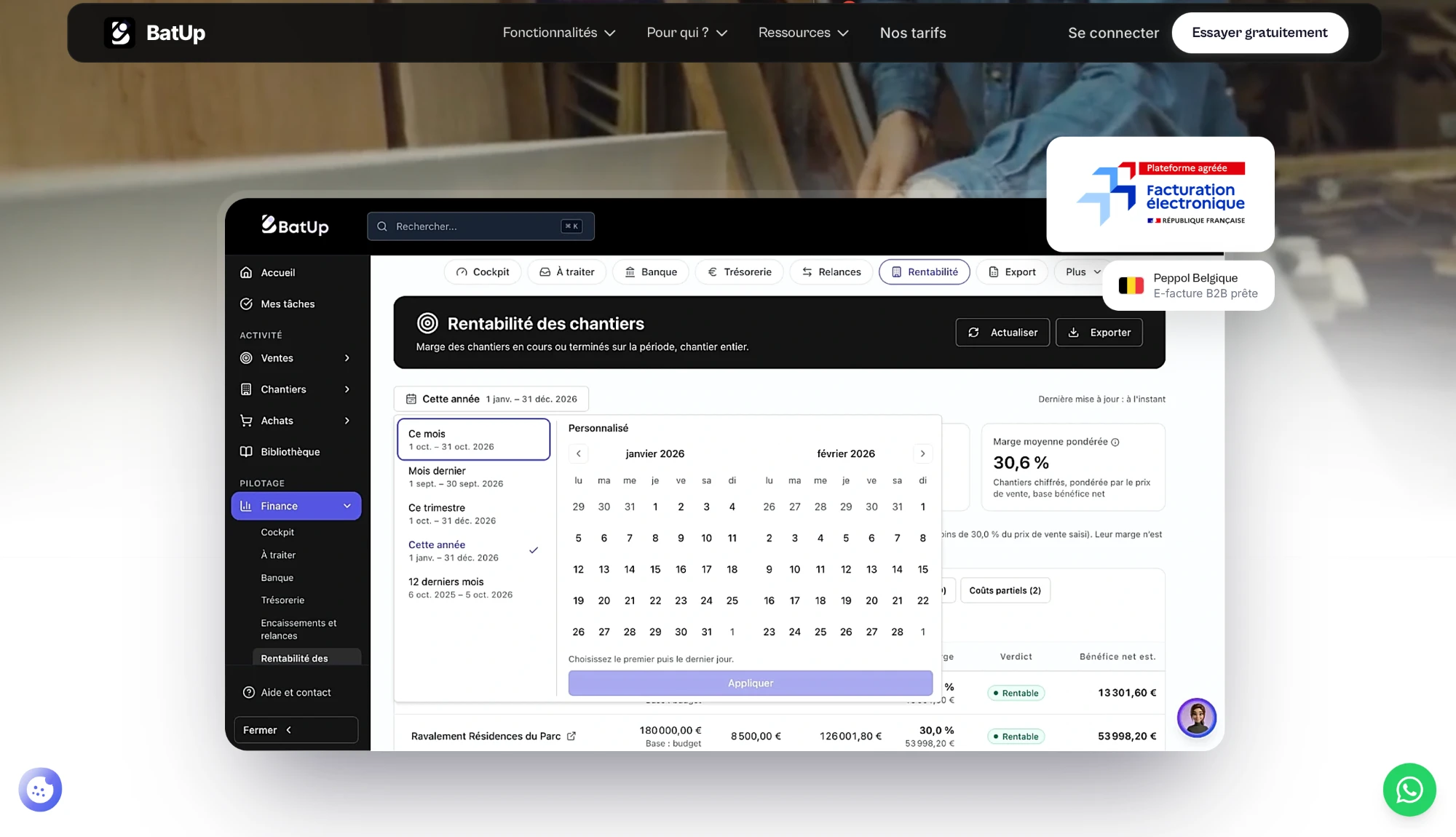 Tableau de bord du logiciel SaaS BatUp, outil de gestion pour les entreprises du bâtiment